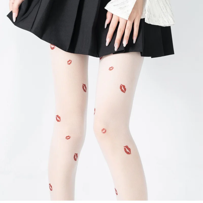 

Personality Red Lip Print Hottie Pantyhose Thin Anti-Hook Sexy Tricolor Wholesale Lolita Playful Style Tights