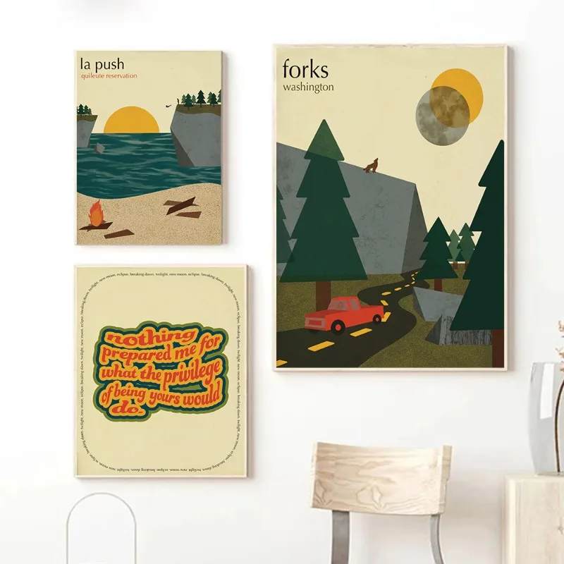 Twilight Inspired Bookish Art Print Set Mid Century Modern Style Minimalist Home Decor Literary Wall Art Fans Gallery Wall Set