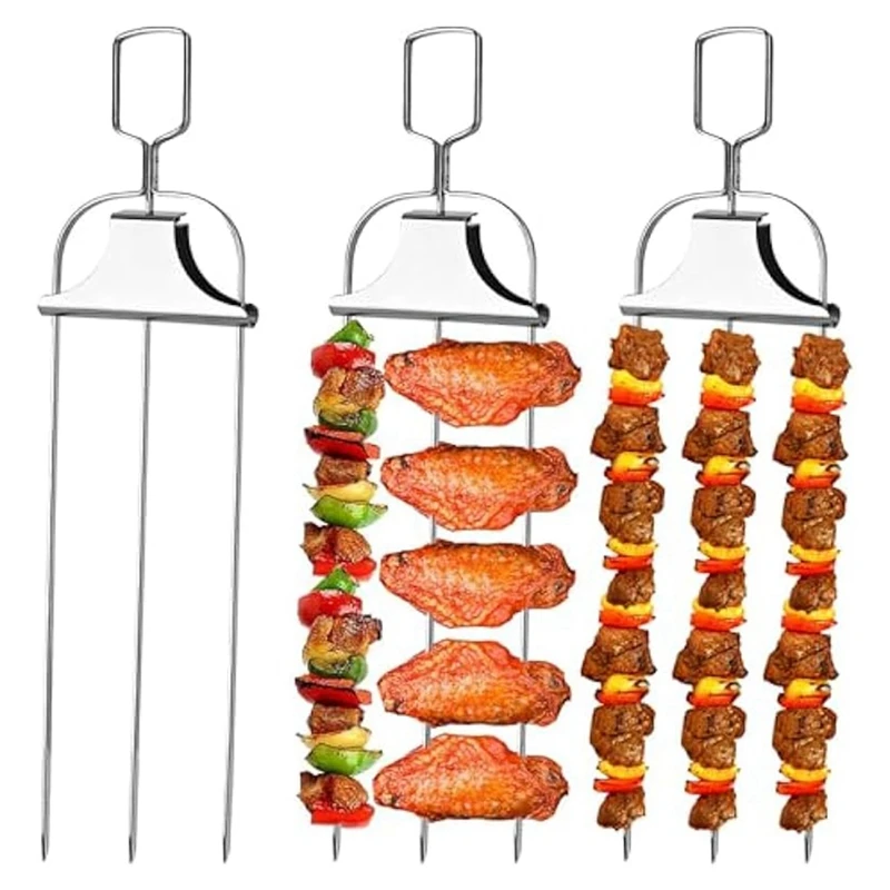 Brochetas Kabob de acero inoxidable, 3 piezas, para barbacoa con deslizador de empuje, para carne, pollo, salchichas, verduras, camarones