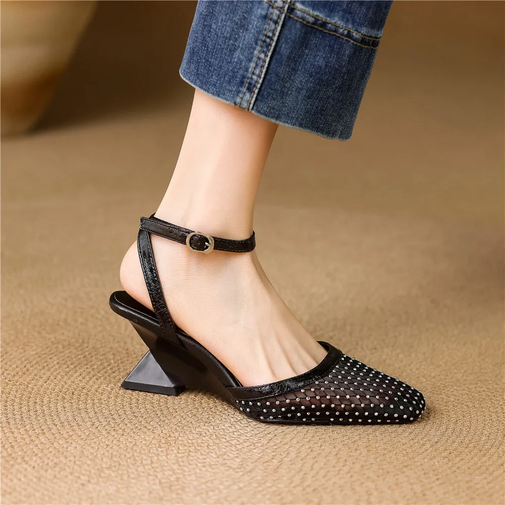 MILI-MIYA Women's New Arrival Square-Toe Breathable Mesh And Calfskin-Panel Sandals With Unique Chunky Heels Dress Party Summer
