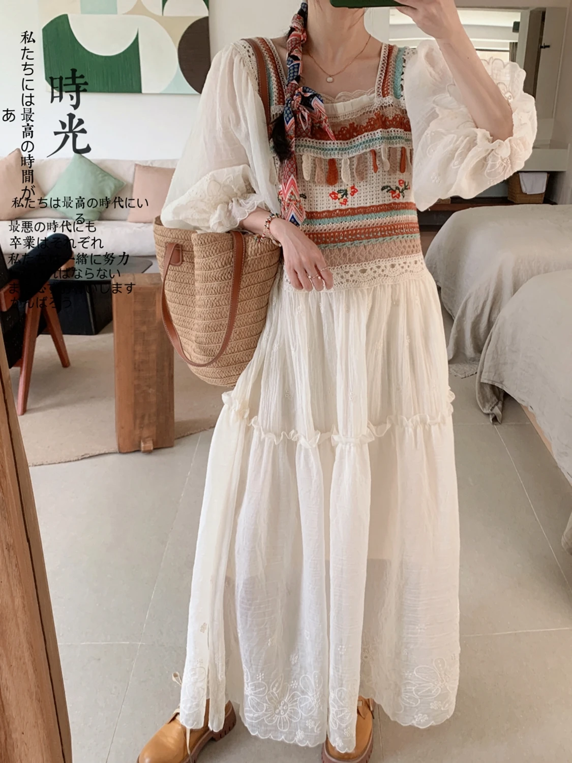 

TIYIHAILEY Summer Women Crochet Patchwork Lace Dress With Inner Wear Full Lantern Sleeve Long Mid-Calf Ladies Embroidery 2 Pcs
