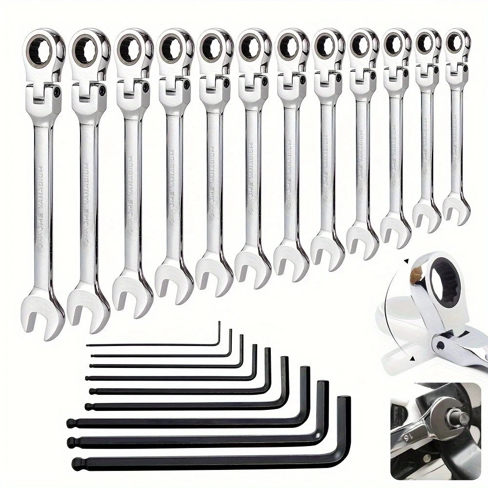 

12Pcs Combination Ratcheting Wrench Set with 9PCS Allen Keys, Metric 8-19mm, 12 Point, HRC50 CR-V, Box End and Open End Wrench