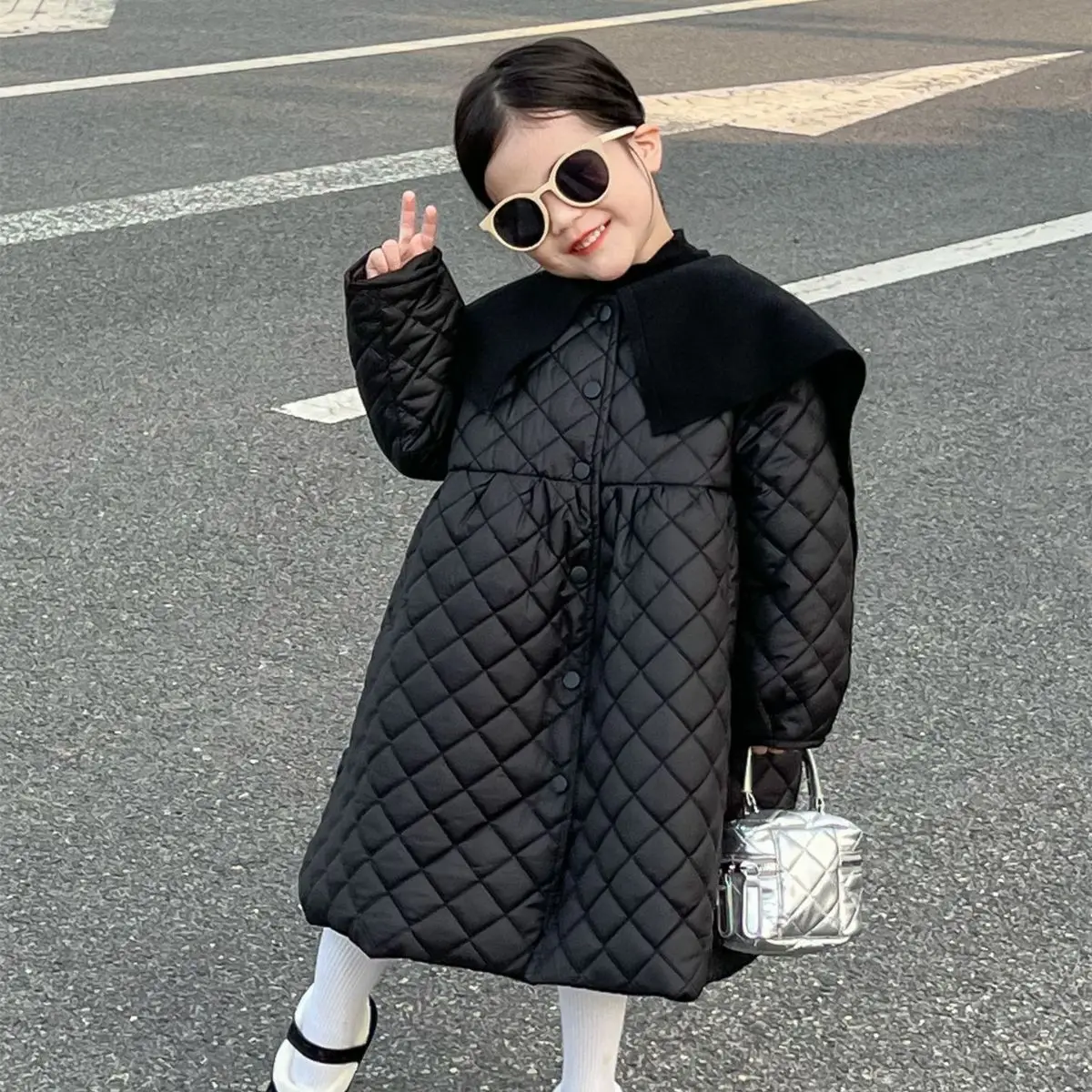 

Korean children's clothing girls winter quilted retro double-sided velvet large lapel mid-length thermal cotton-padded jacket