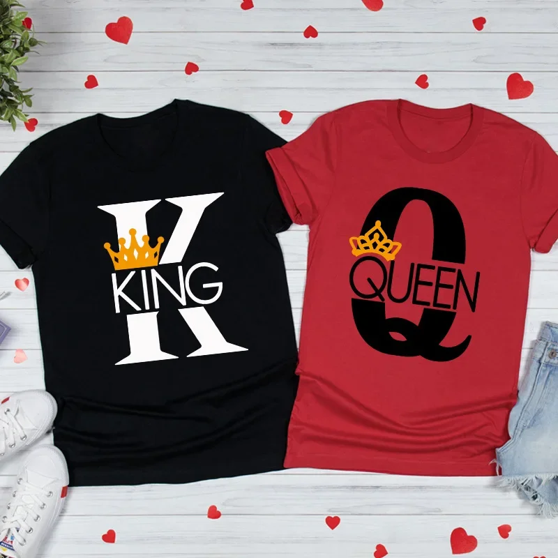 Valentine's Day King Queen Crown Print Lovers T Shirt Couple Short Sleeve O Neck Loose Tshirt Summer Women Man Tee Shirt Tops