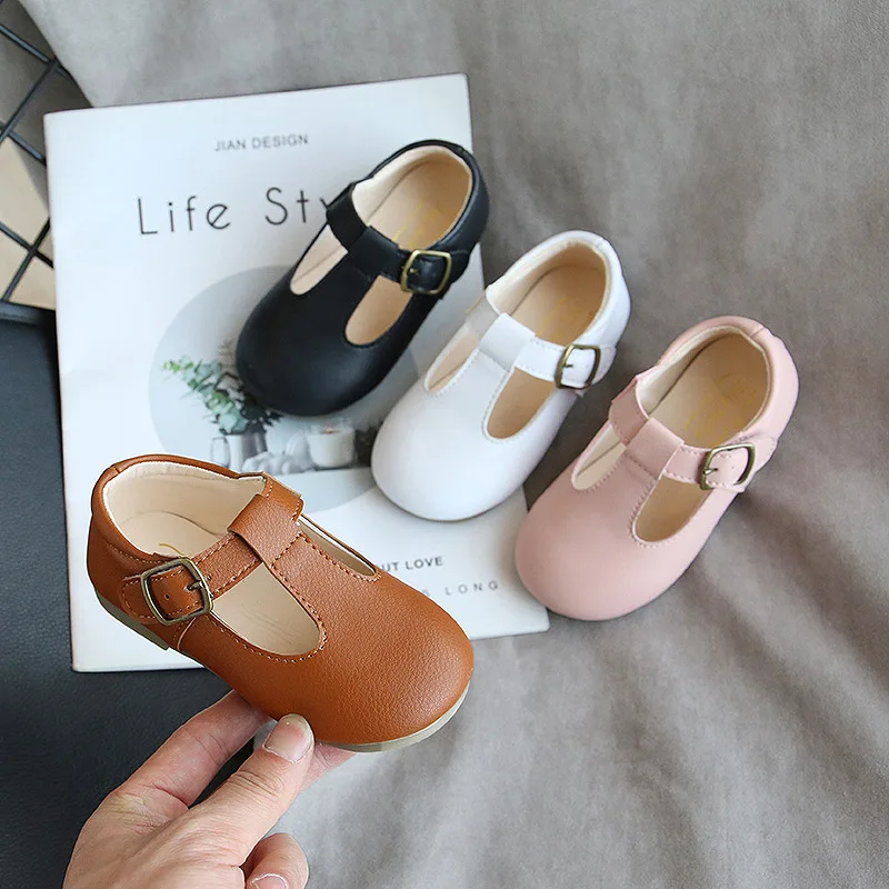 Spring Autumn Kids Shoes T Strap Leather Shoes For Girls Boys Non-slip Toddlers Mary Janes Baby Children Buckle Strap Flats