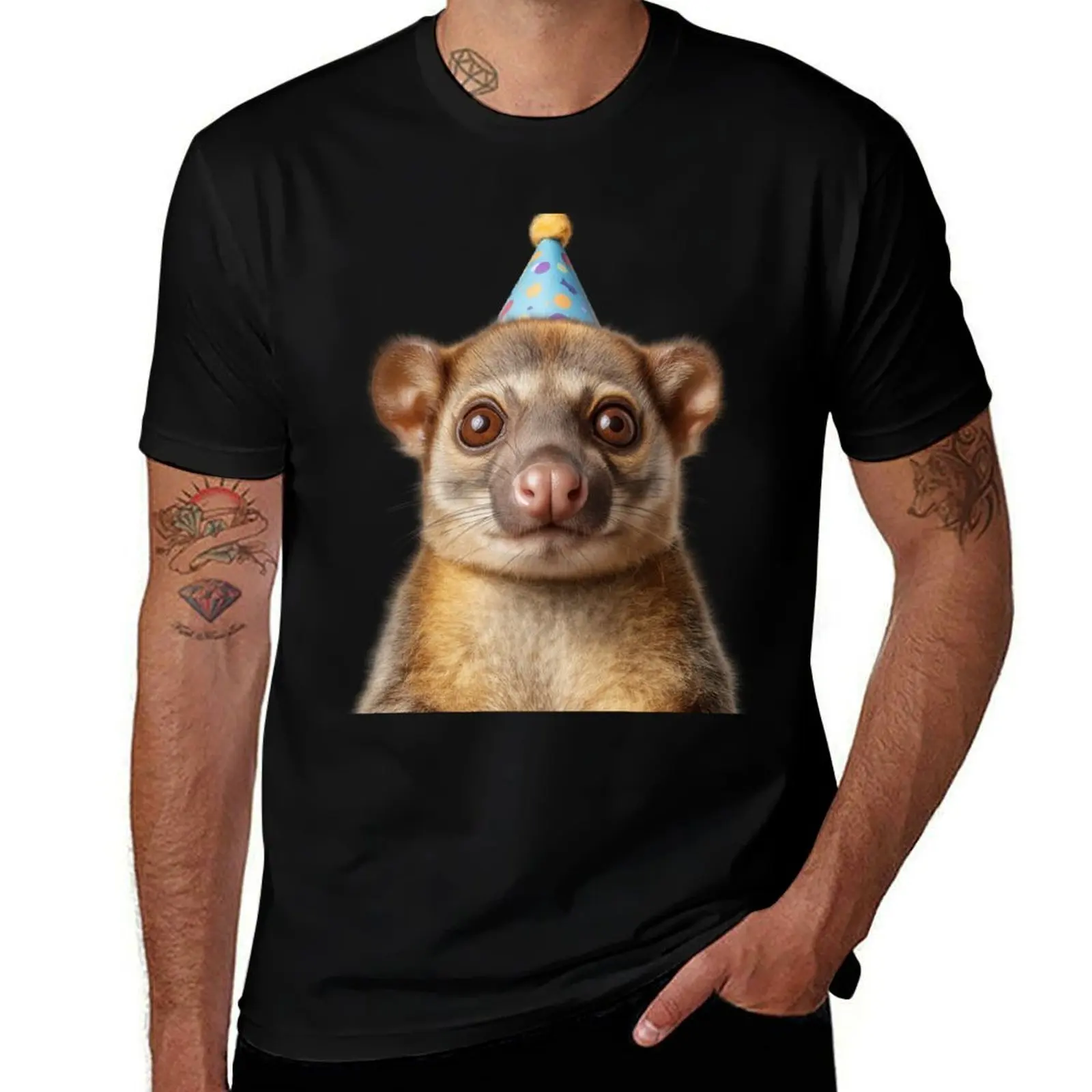 

Cute Kinkajou with Party Hat Birthday Celebration T-Shirt customs blue archive Short sleeve tee hippie clothes mens t shirts