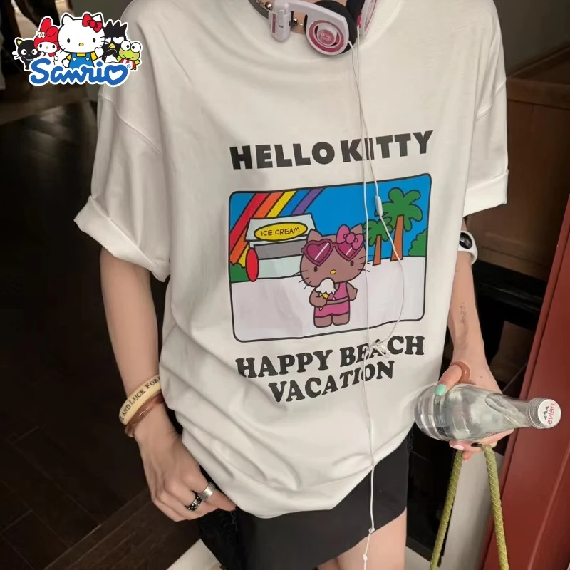 

Summer New Hello Kitty Japanese Style T-shirt Sanrio Women's Plus Size Trendy T-shirt Y2K Retro Loose Casual Short Sleeved Top