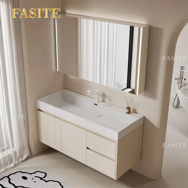 For French Cream Style Nano Microcrystalline Stone Integrated Basin Smart Bathroom Cabinet Vanity Set Modern Toilet Combo