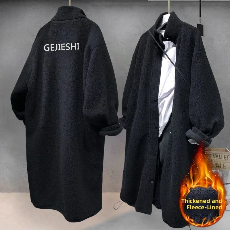 

Trendy Lamb Fur Jaet Men's Autumn Winter Embroidered Fce Medium Length over Knee Coat 2023 New Sle Youth ular Loose...