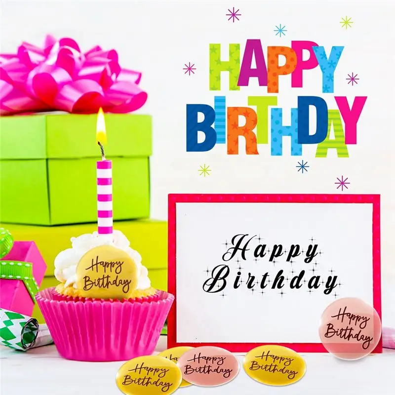 AA83 24Pcs Acrylic Cake Toppers Happy Birthday Mirror Cake Disc Mini Round Engraved Cupcake Topper for DIY Cupcake Decoration