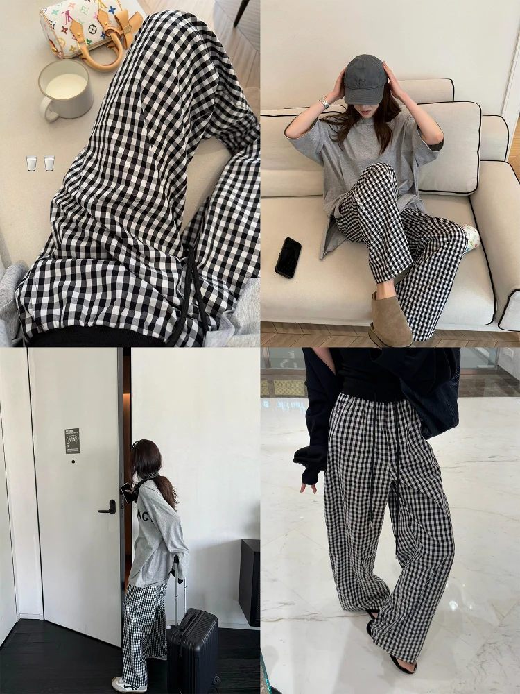 

Superniniyy High Waist Straight Leg Pants Women's Summer Faion Cheered Loose Fit Trousers Elastic Waist Cotton Blend