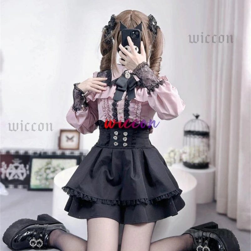 Jirai kei الزي لوليتا الفتيات قميص تنورة مجموعة النساء Kawaii القوس طويلة الأكمام Y2K قميص جمالي غير رسمي النمط الياباني النساء #3