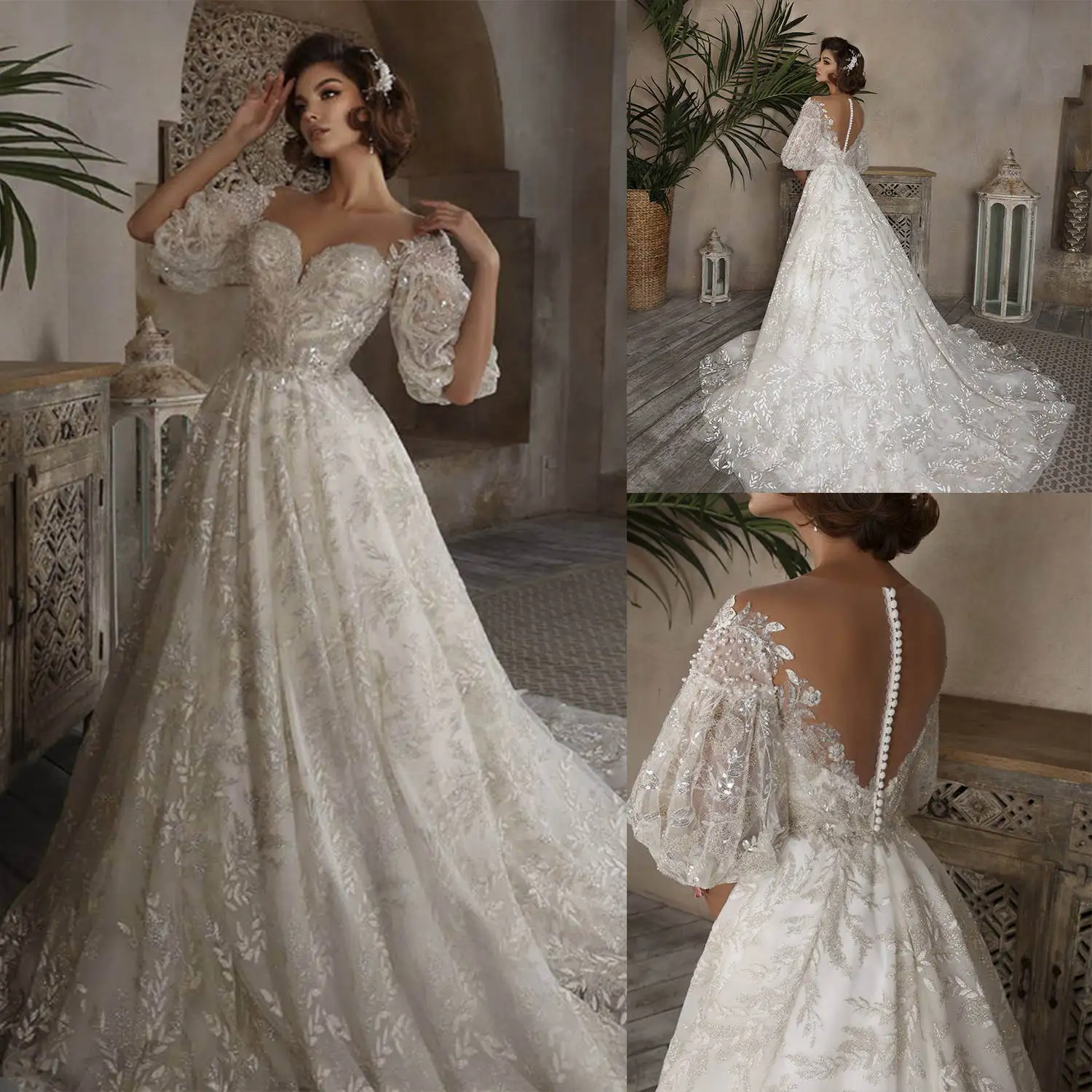 

Dreamy A-Line Gown Wedding Dresses Appliques Flowers Pearls Lace Bridal Gowns Big Size Vestidos De Novia Custom Size Colour