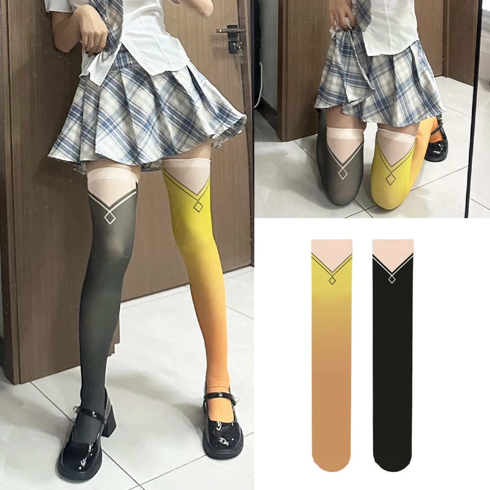 

New hot anime stockings ladies 3D printing black with yellow trendy thigh socks Girls JK calf socks cosplay
