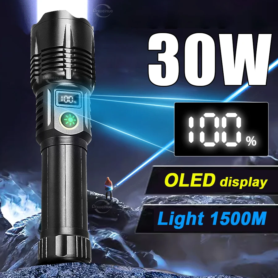 

30W LED Flashlight Torch 1500m High Power Type-C Rechargeable Handheld Torch Light Waterproof Zoomable Tactical Flashlights