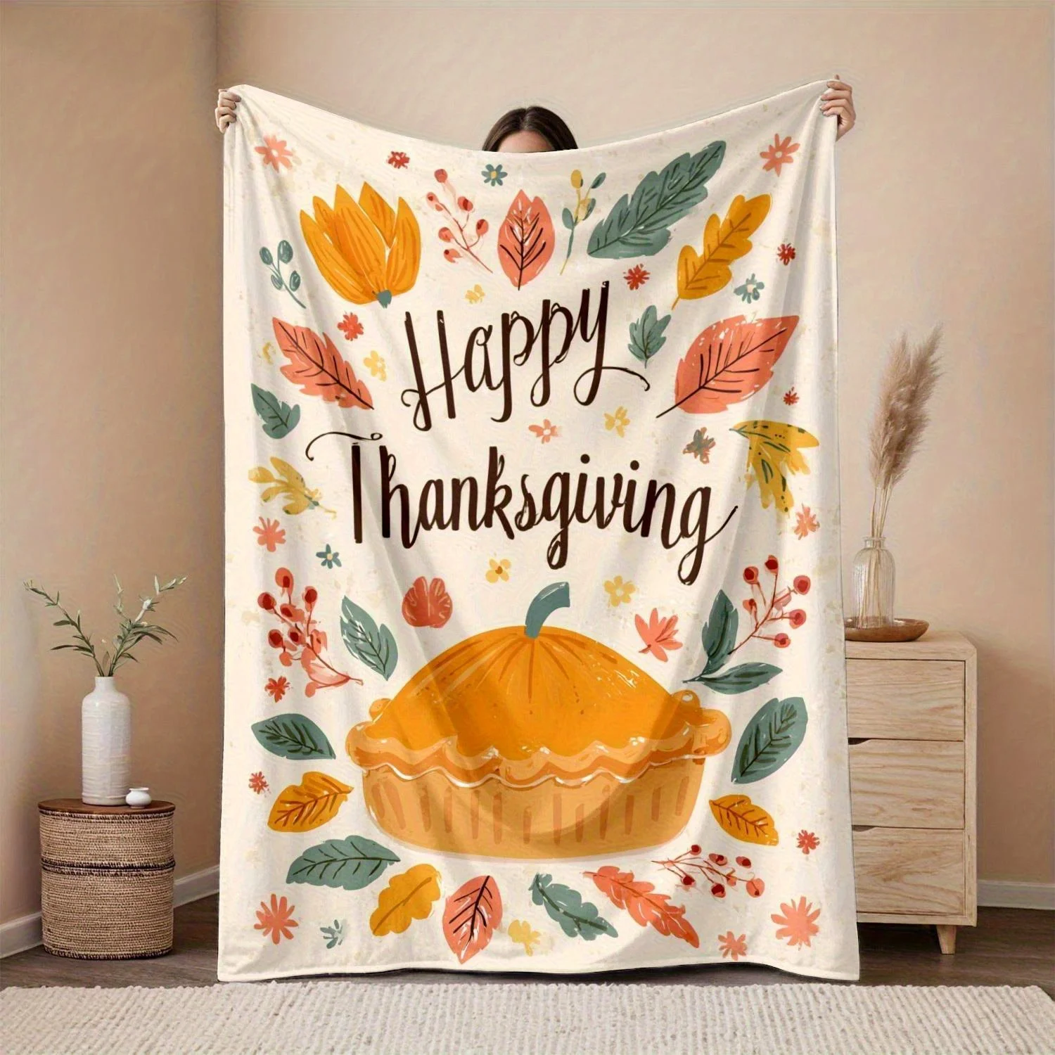 Happy Thanksgiving Pumpkin Pie Patterned Flannel Blanket Autumn Harvest Bedroom Decoration and Accessories Aesthetic Room