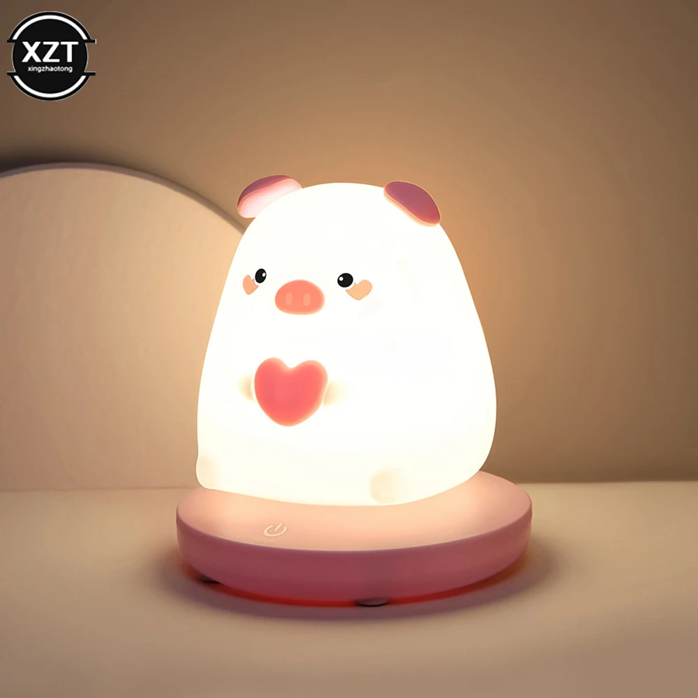 Lâmpada de silicone LED para crianças, animal bonito, porco, coelho, sensor de toque, regulável, luz noturna do quarto do miúdo, recarregável