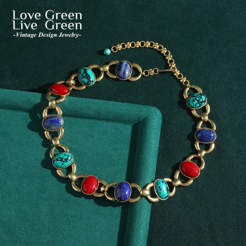 

Винтажное короткое колье-колье, бирюзовые украшения с камнями, красочные богемные овальные аксессуары для женщин, цвет антикварного золота 2025