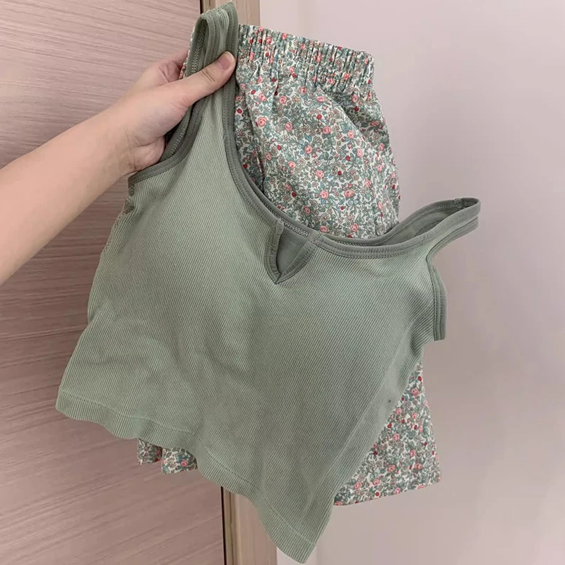 Korean Style Sexy Cute Little Emerald Flower Vest Women's Home Clothes With Chest Cushion Comfortable Cotton Pajamas Set