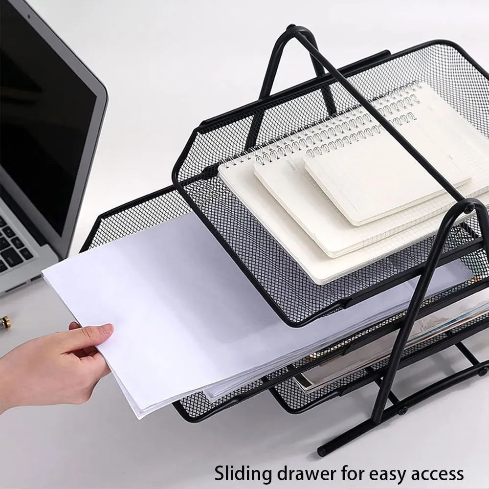1PC metal mesh three-layer file rack, push-pull drawer storage rack, great for storing office desktops.