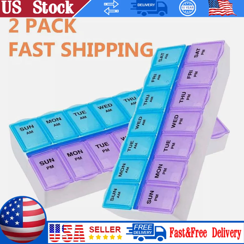 

2PCS Weekly 14 Grids 7 Days Home Use Pill Box Portable Travel Cases Organizer Pill Container Storage Tablets Vitamin Medicine
