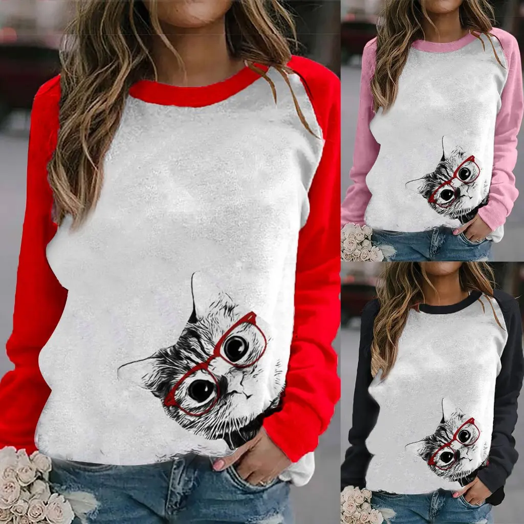 

Women's Loose T-Shirt Cat Print European And American Style New Independent Site Wish Supply