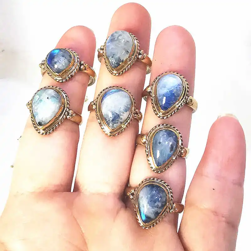 Natural Stone Rings Brass Inlaid Heart Moonstone Lovely Vintage Rings for Lady From Nepal R019