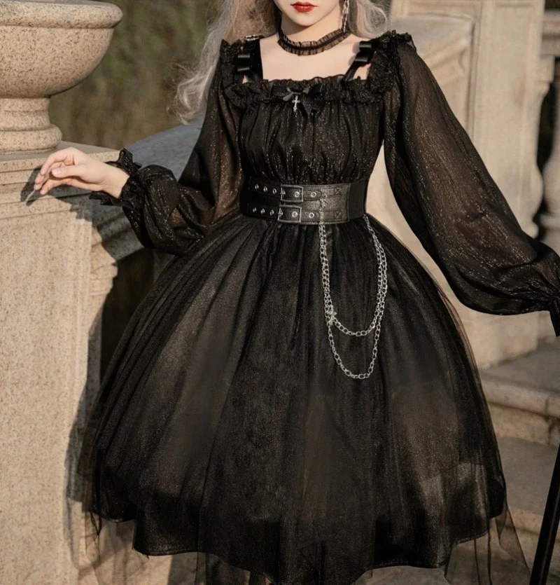 2026 جديد القوطي المرأة مائل الرقبة عالية الخصر فساتين حفلات الأميرات الظلام الشرير الشارع الشهير خمر القوطية شبكة سوداء لوليتا فستان