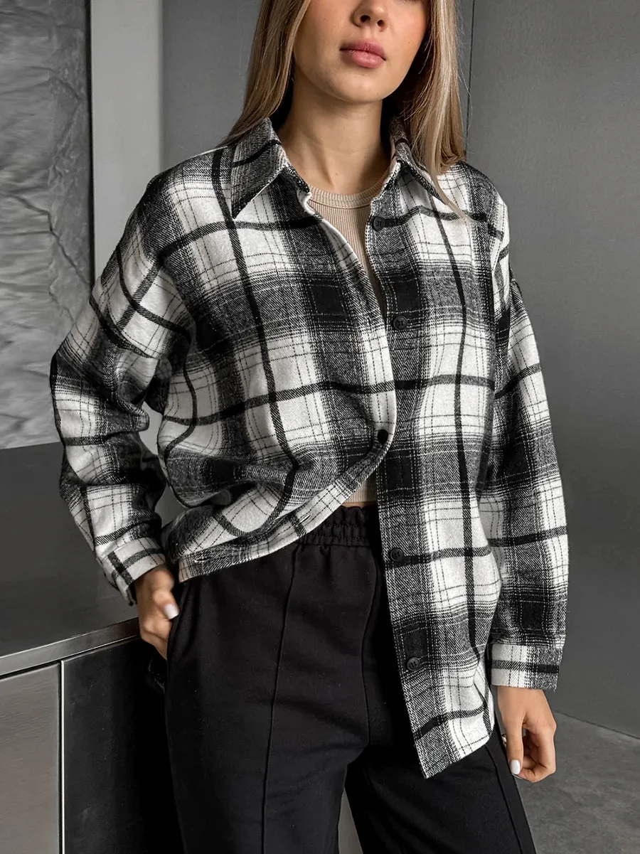 

CGC New Fashion Street Women Plaid Shirt Spring Autumn Casual Blouse Tops Long Sleeves Single Breasted Female Oversized Shirts