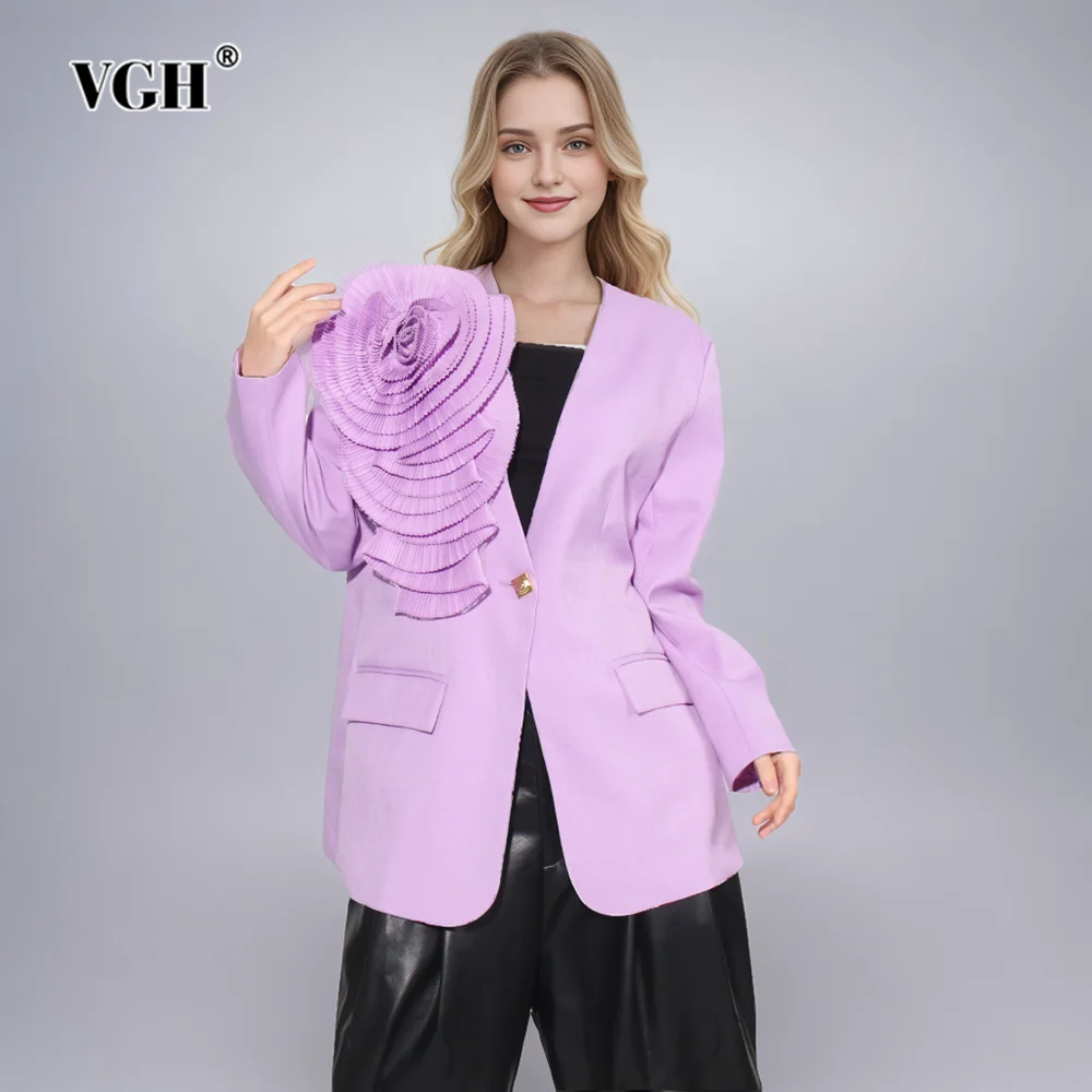 VGH Casual Spliced Appliques Loose Blazer For Women V Neck Long Sleeve Patchwork Button Minimalist Solid Blazers Female Fashion