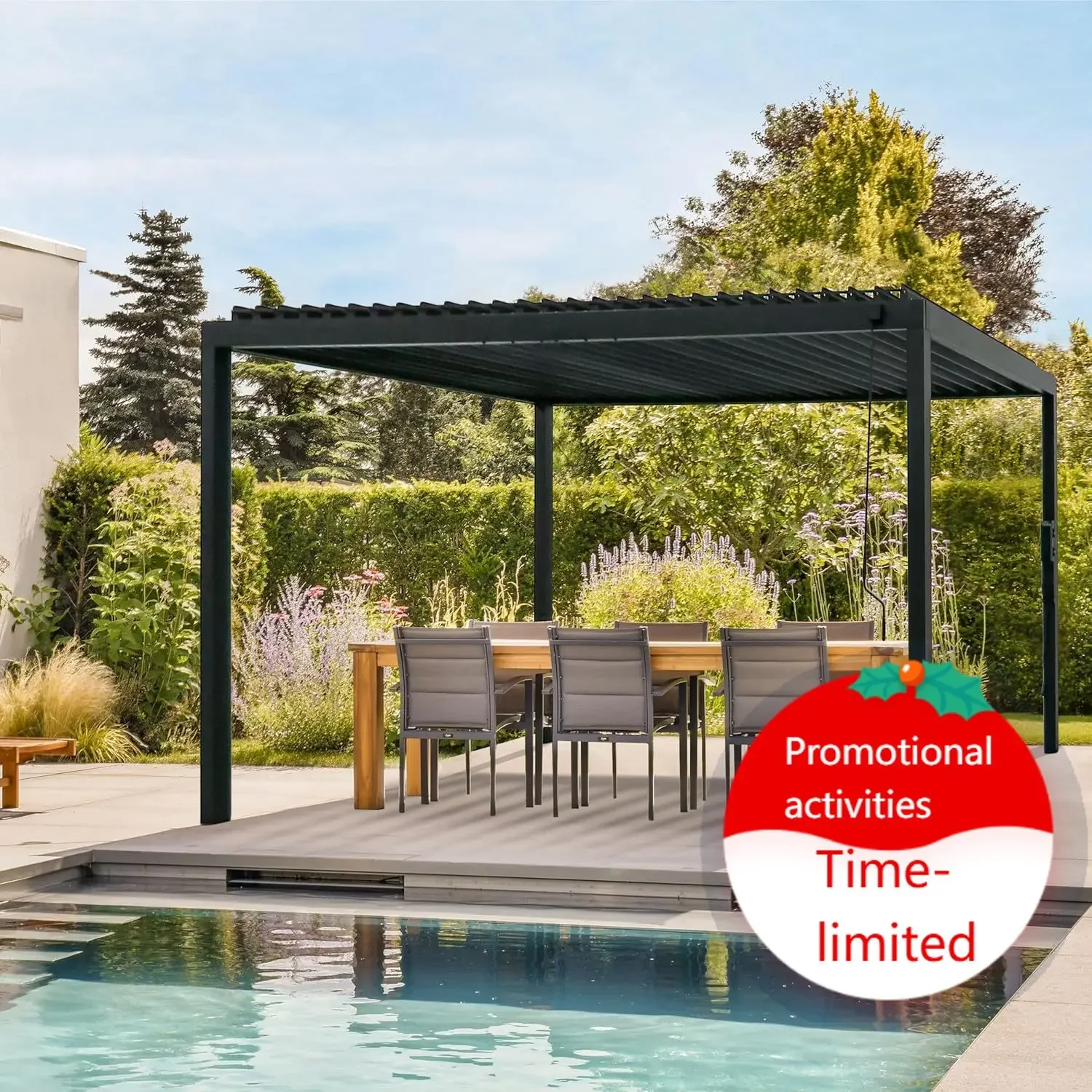 Sarasota 16' x 10' Galvanized Steel Louvered Pergola Kit with Adjustable Roof, Shade, Rain Protection, High-Wind Rating, Gutter