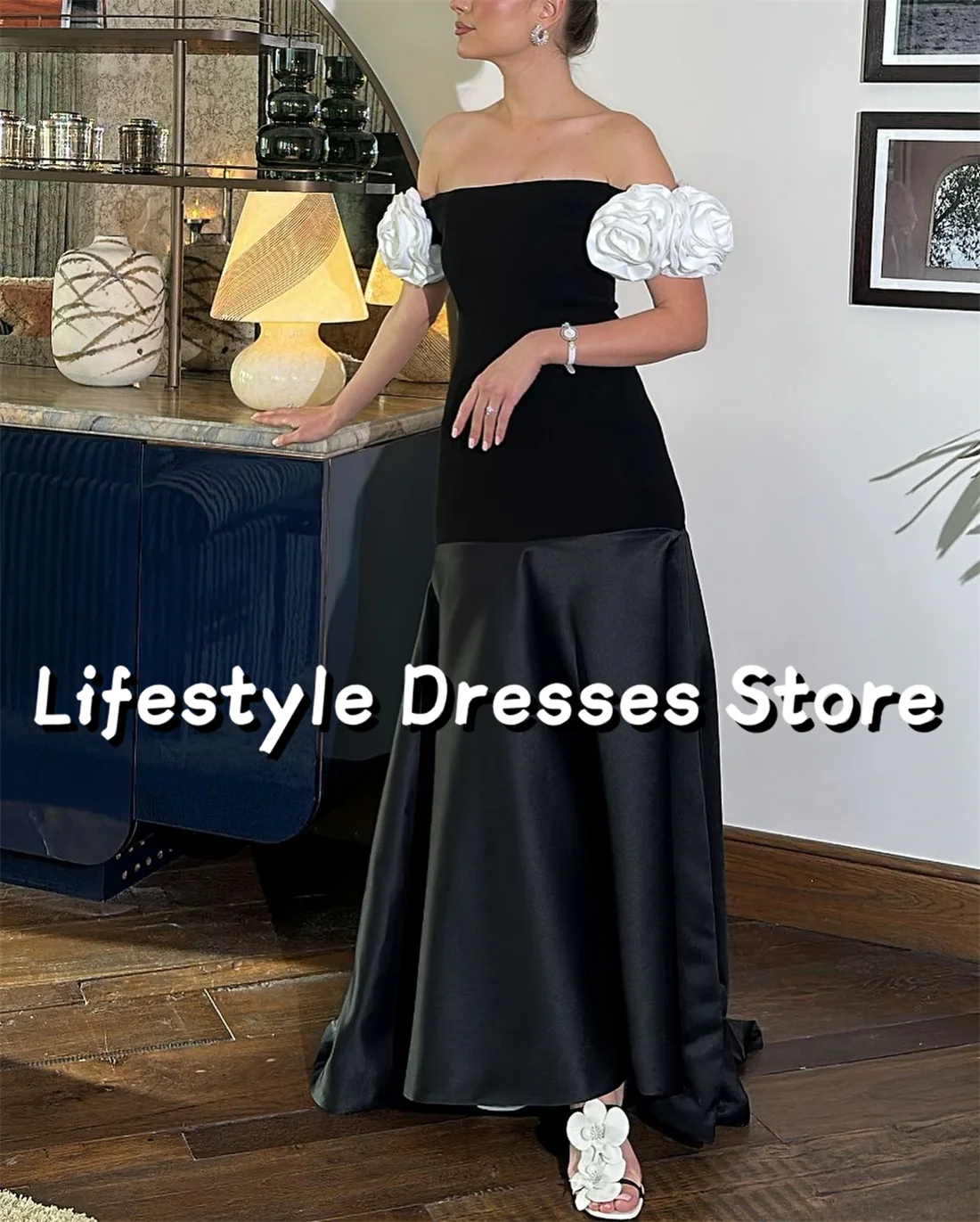 

Off Shoulder Mermaid Handmade Flower Prom Gowns Spandex and Satin Black Evening Dresses 2024 Mermaid Formal Dress Vestidos De