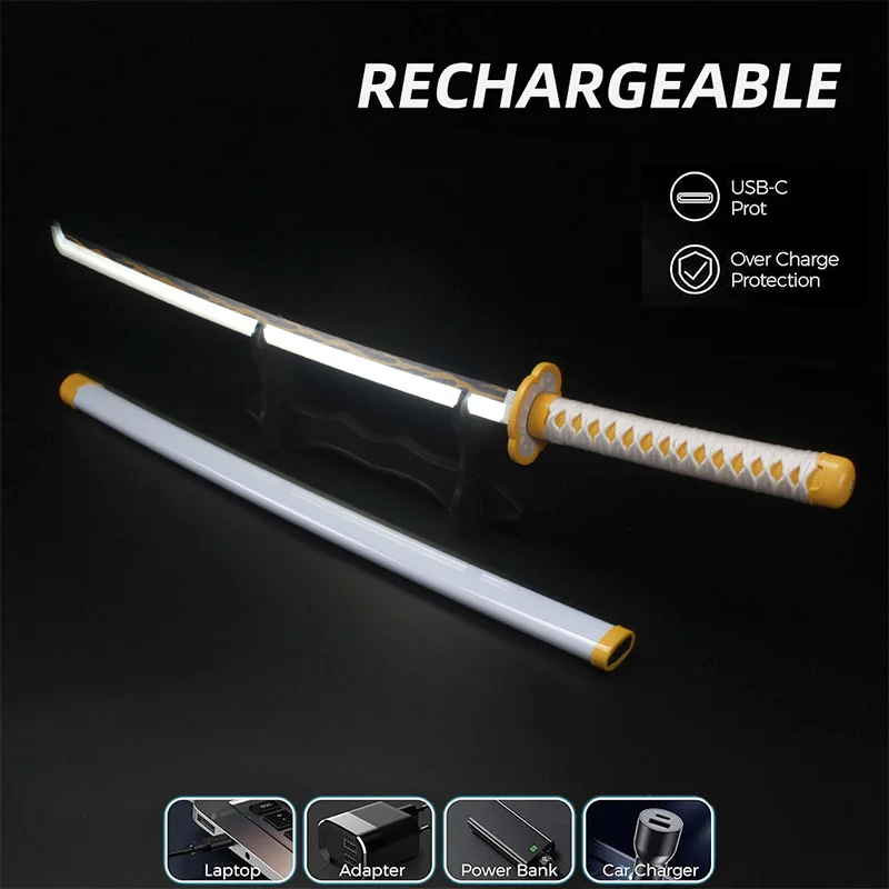41′′ LED Demon Slayer Anime Juego de 2 piezas Katana Espada luminosa Armas de cosplay Kyoujurou Viene con cinturón y soporte para espada