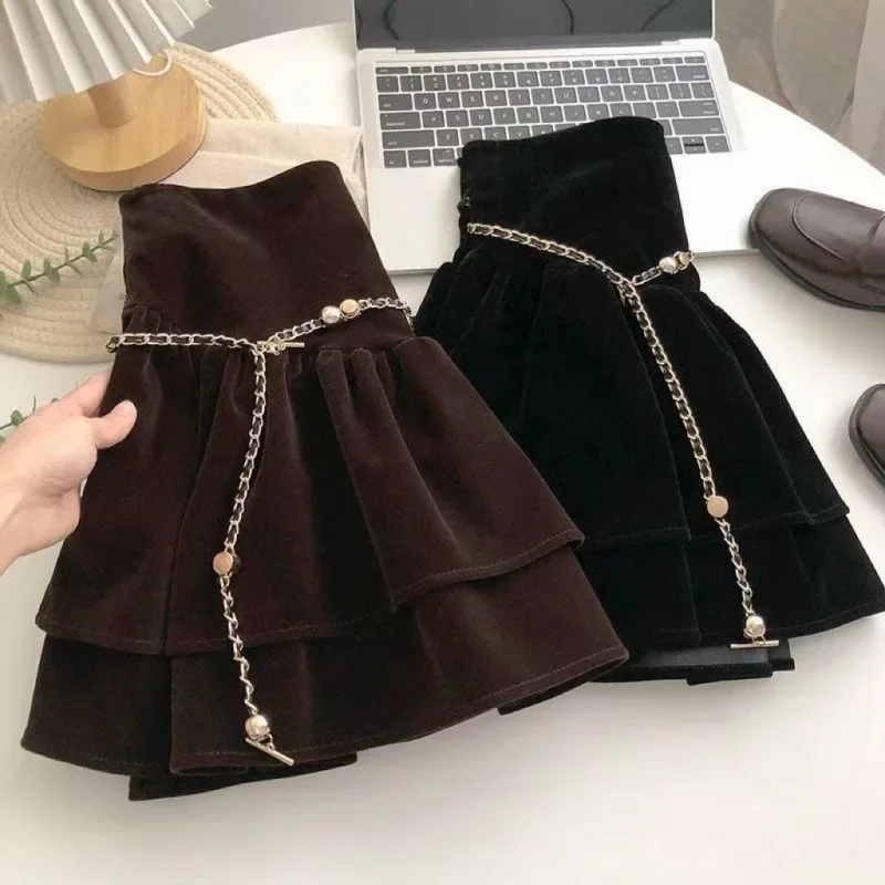 Autumn/Winter New Women's Fashion High-Waisted Plush Mini Dress Slimming Ruffle Skirt Chain Strap Female Midship Dress