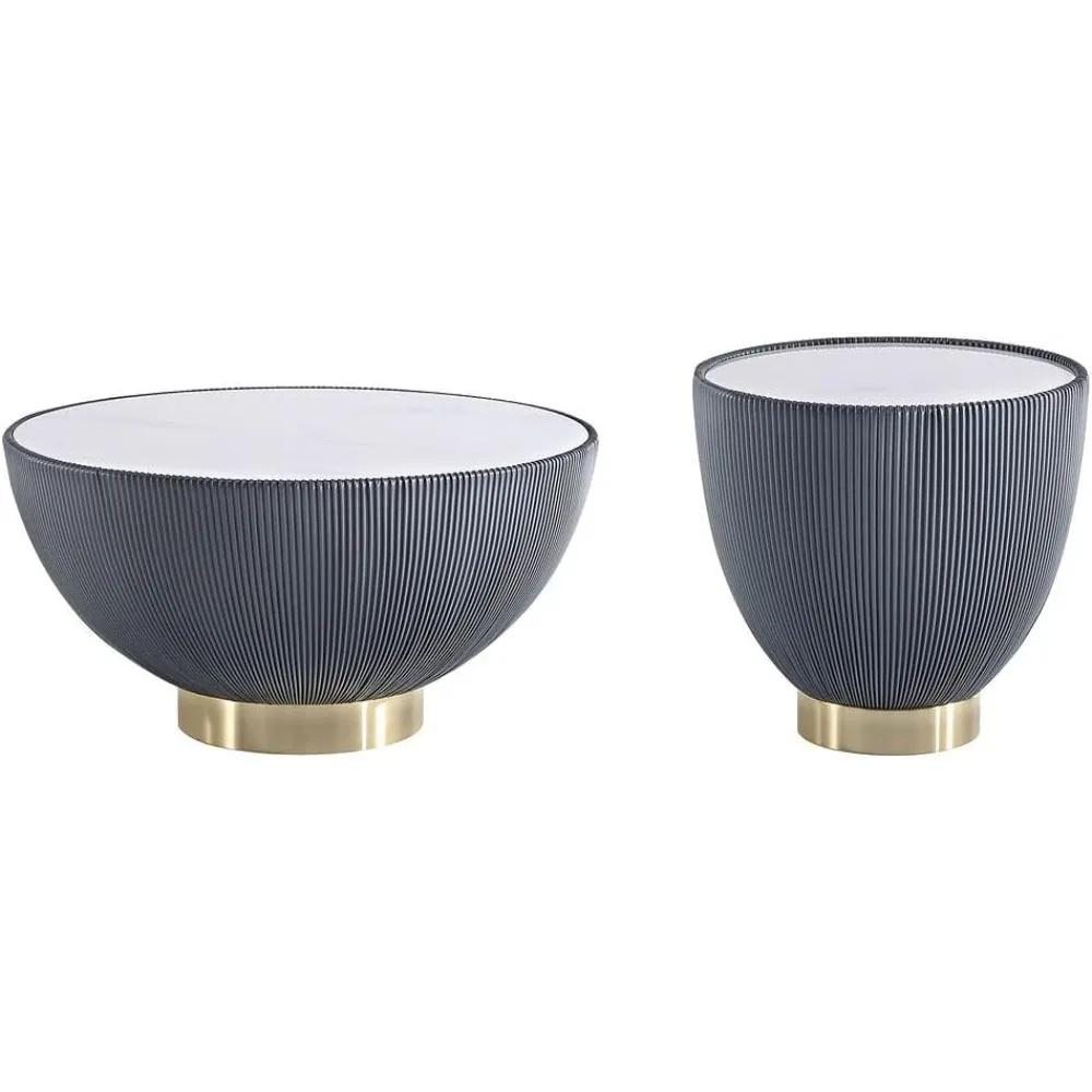 Tavolino da caffè moderno Anderson e tavolino 2.0 imbottito in similpelle grigia con piano in finto ceramica - set di 2