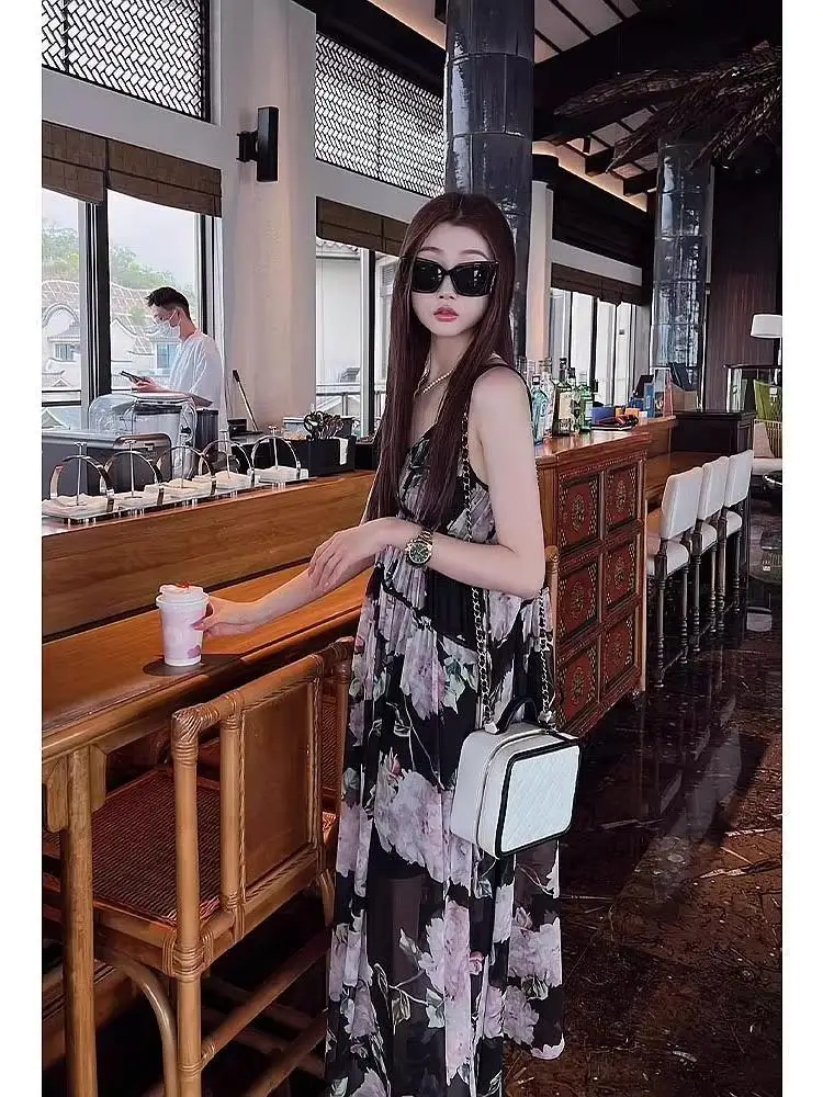 Sling Dress Bohemian Flower Print Long Dresses Summer Sexy V Neck Party Lady Beach Maxi Dress Sleeveless