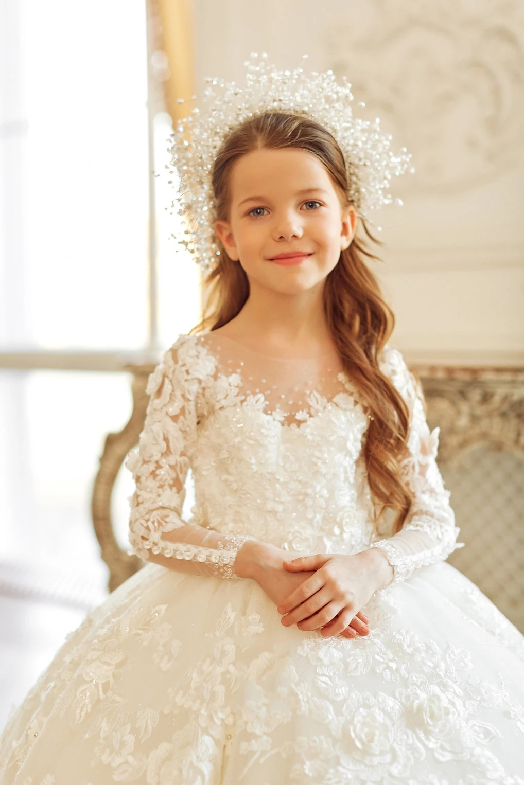 FATAPAESE Stunning Flower Girl Dresses 3D Floral Lace Blouse Illusion Neck  Long Sleeve Ball Gown Wedding Party LittleBridesmaid