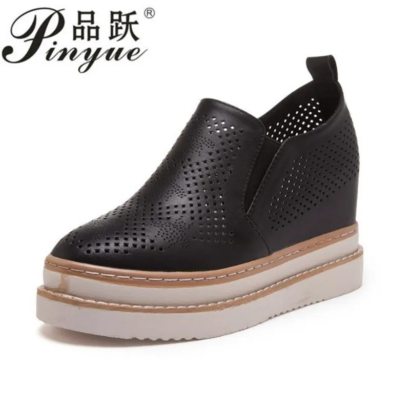 

New Arrival Woman Summer Casual Genuine Leather Thick Sole Shoes Women Creepers Breathable Flat Platform Vulcanized shoes 33-40
