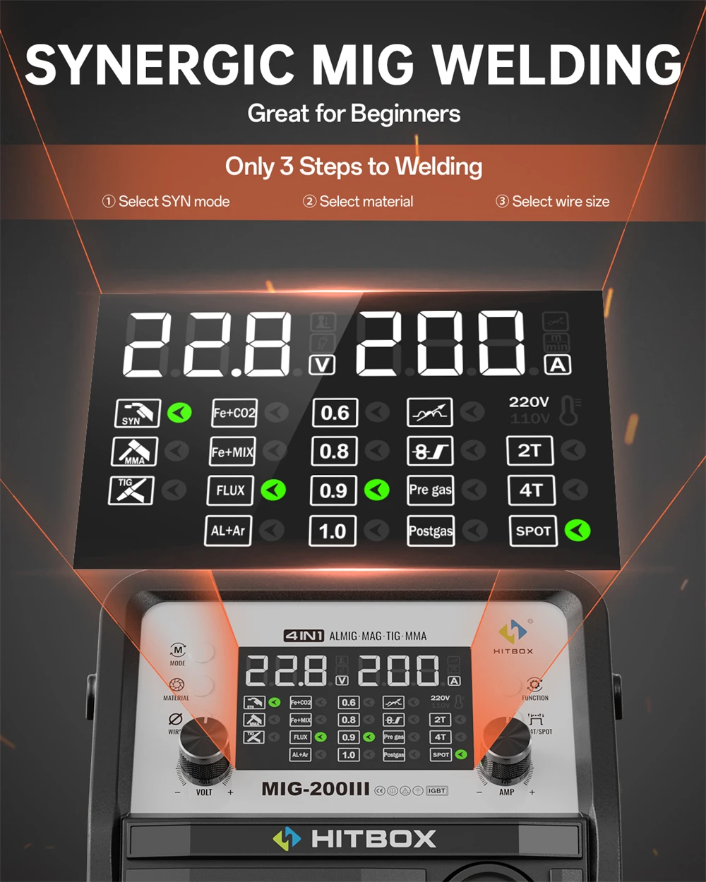 HITBOX MIG-Schweißgerät 220V 200 Ampere 7-in-1 Stick ARC MMA Gaslos/Gas MIG Lift TIG Punktschweißgerät mit Spool Gun, Einzelpuls-Aluminiumschweißgerät, großem LED-Digitalbildschirm und Inverter-Schweißwerkzeug – Detail 18