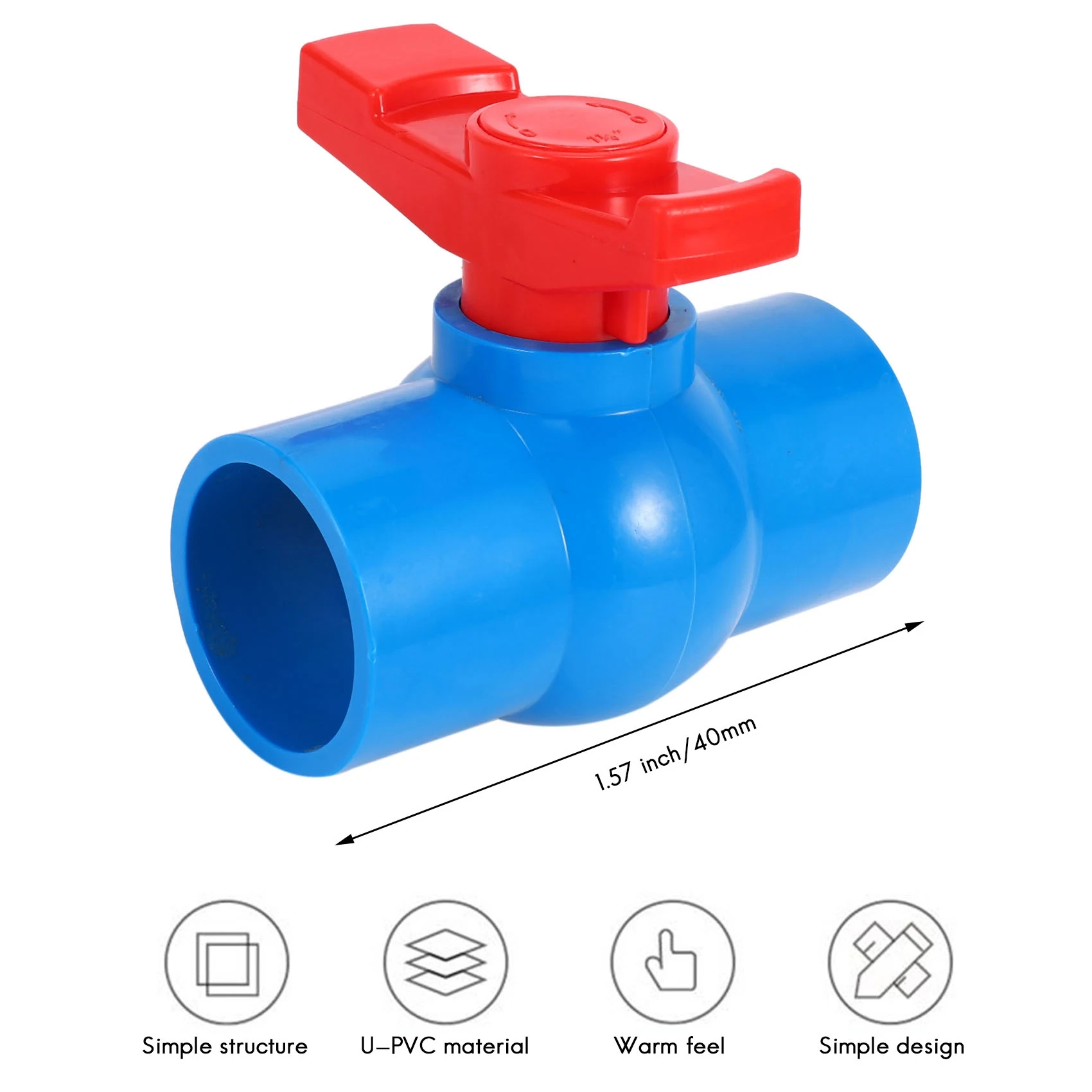 Válvula de bola U-PVC con palanca de mango rojo de puerto completo deslizante de 40 mm x 40 mm azul