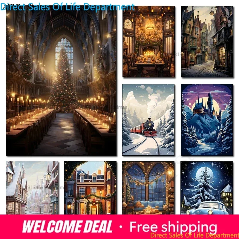 Christmas Magic School Castle Express Canvas Print Magician Movie Wall Art Poster for Modern Living Room Winter Home Decor Gi