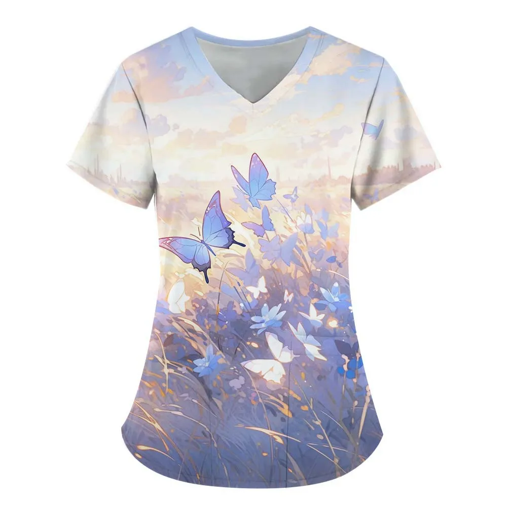 Personalized women's clothing V-neck fantasy butterfly element 3D printed nurse clothing pocket t-shirt casual short sleeved