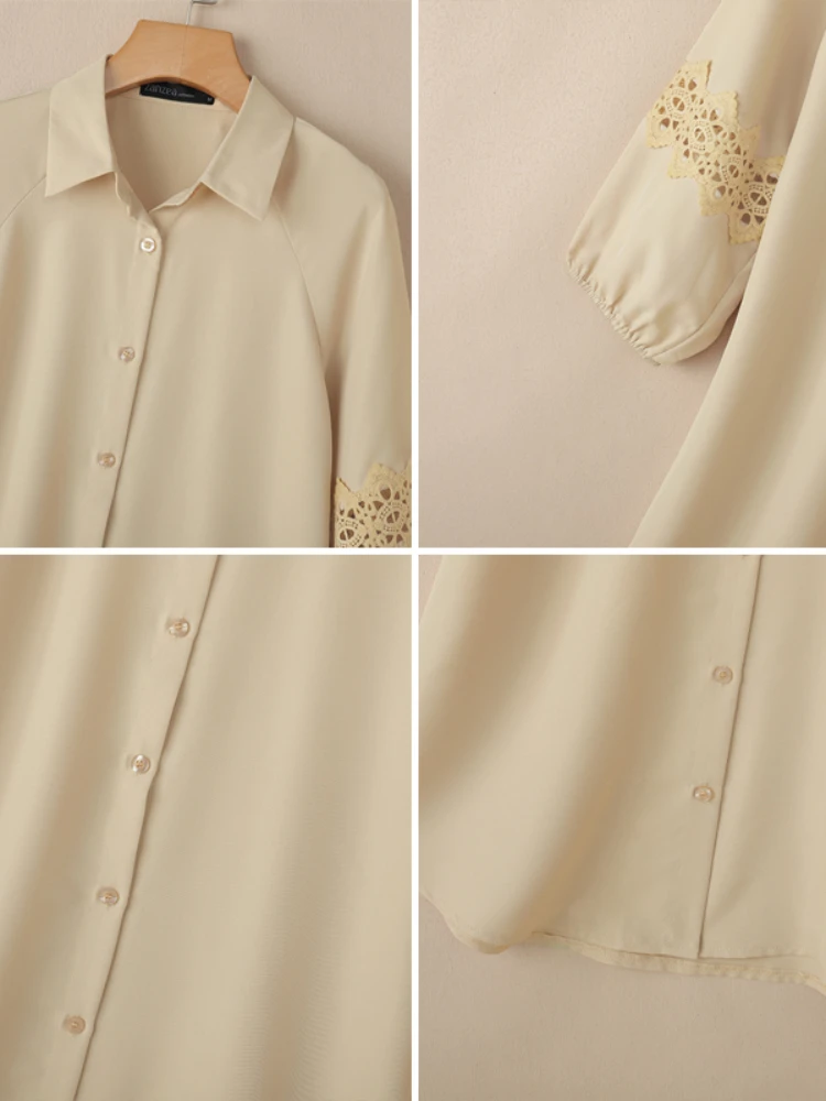 فستان نسائي مخرم مزين بالدانتيل موضة ربيع 2026 3/4 كم فانوس بياقة بطول الركبة ملابس نسائية من ZANZEA