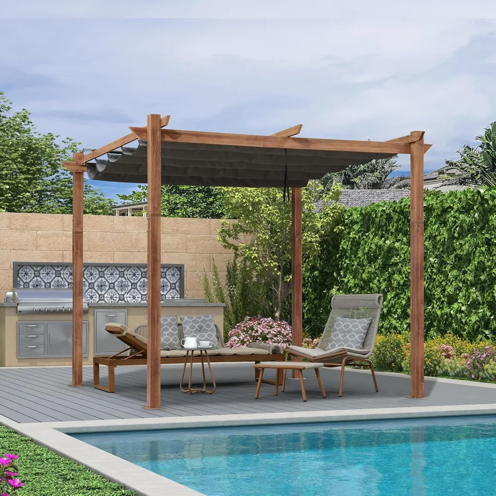 

10 x 10 футов уличная выдвижная беседка с навесом от солнца, металлическое укрытие для патио для сада, крыльца, павильона, натуральное дерево, зерно Fr