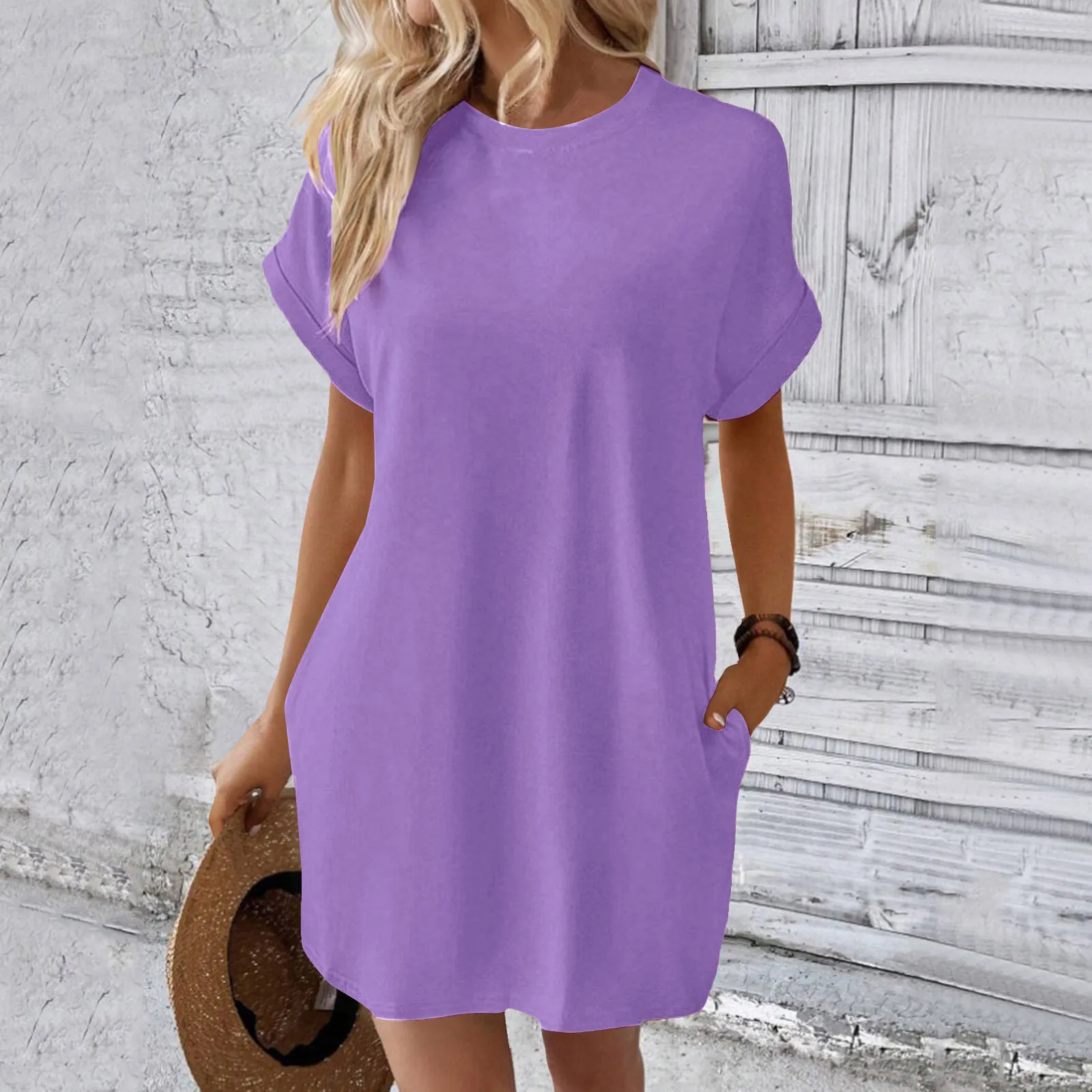 Soft Short Sleeve Casual T Shirt Dress Summer Loose Fit Solid Color Dress with Pockets Casual Round Neck Plain Dress Women