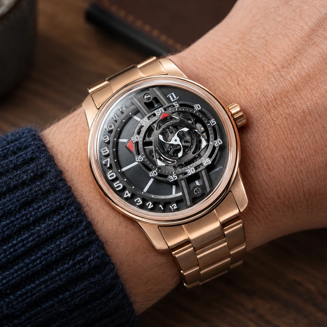 OBLVLO Brand 42mm Rotor Dial Men's Rotary Engine Style Watch - Rose Gold Miyota 8215 Movement Jump Hour Automatic Watch JM-RT