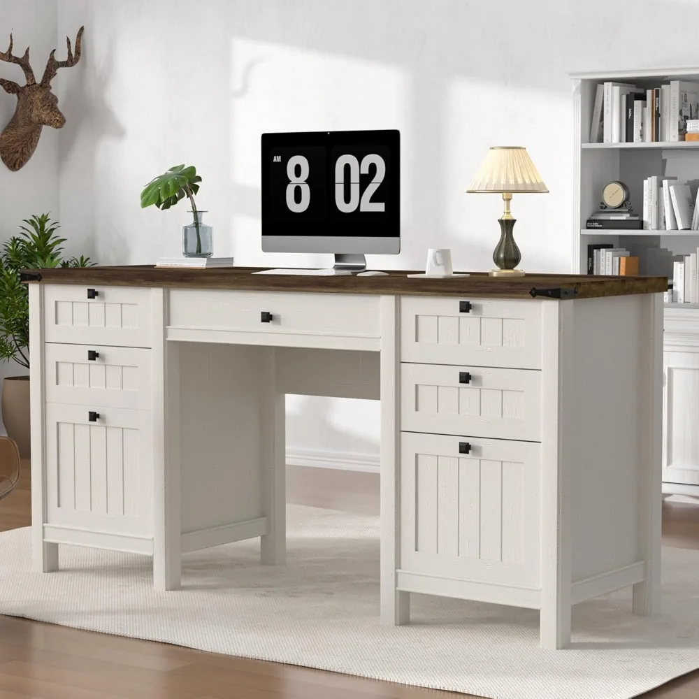 

Executive Desk, Modern Farmhouse Computer Desk with Drawers & Cabinet, Home Office Desk for Work Study Writing Workspace (White,