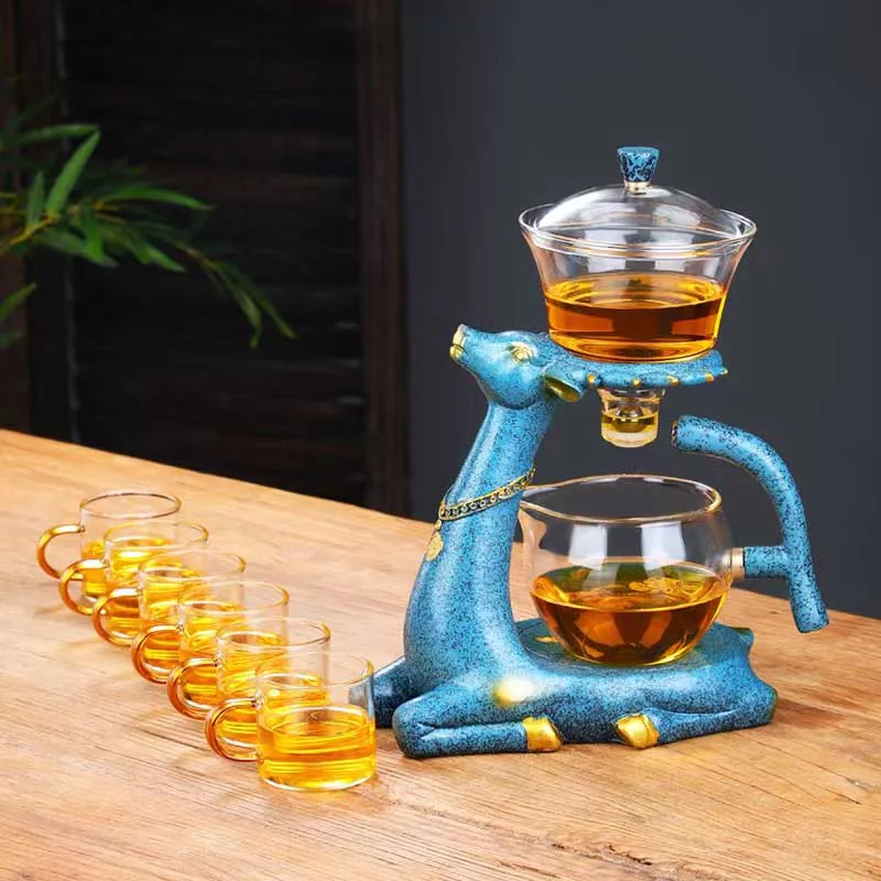 BOZZH-Kungfu Glass Tea Set, Creative Deer Teapot, Magnetic Water Diversion, Tea Infuser, Turkish Drip Pot with Base view 5