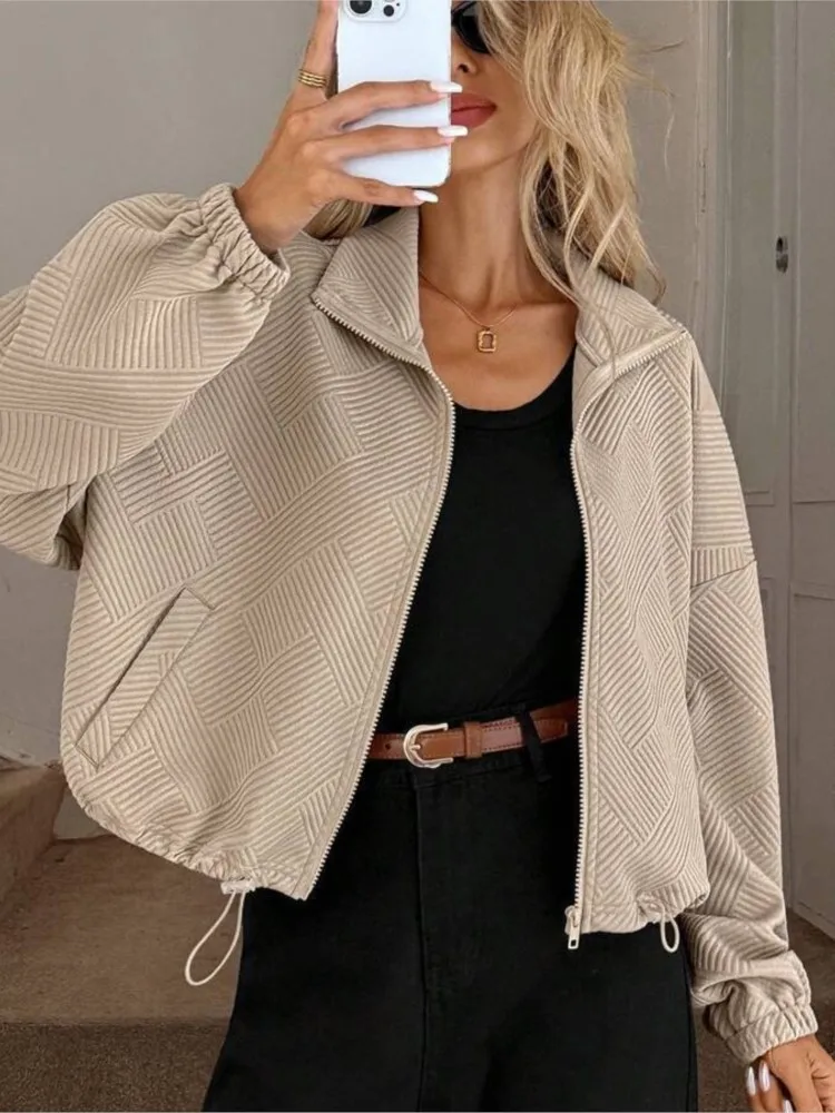 

Женский кардиган на молнии с высоким воротником, пальто, весенне-осенняя женская модная куртка с карманами и шнурком, женские повседневные пальто