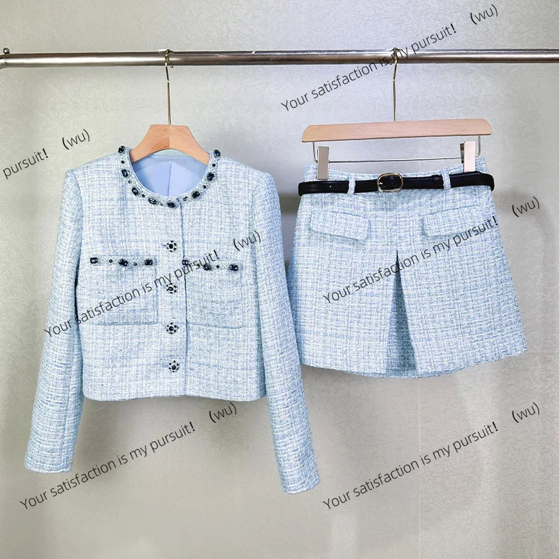 ZOCI-ชุด 2 ชิ้น เสื้อแจ็คเก็ตผ้าทวีดสำหรับผู้หญิง เสื้อโค้ทสีน้ำเงิน กระโปรงทรงเอ ชุดลำลองสไตล์เรโทรสำหรับผู้หญิงในออฟฟิศ